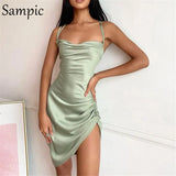2020 Winter Spring Backless Women Split Mini Stain Strap Sleevless Dress Sexy Party Short Bandage Dress Night Club Summer
