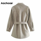 Women Chic Wool Coats With Belt 2021 Solid Long Sleeve Pockets Shirt Jackets Outerwear Turn Down Collar Elegant