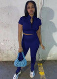 Sexy Zipper Short Sleeve Top And Pant 2 Piece