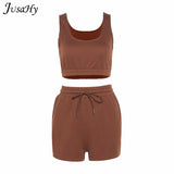 Casual Stretch Solid Two Piece Sets Women 2021 Crop Top and Drawstring Shorts Matching Set Sportswear