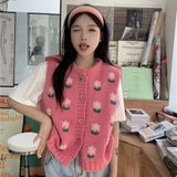 Sweet Flower Embroidered Knitted Vest Girls 2024 Spring And Autumn New Loose Soft Waxy Sweater Back Trend-Outfit
