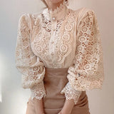 Women Lace Blouse Petal Sleeve Hollow Out Flower Lace Patchwork Shirt Femme Blusas Stand Collar Button White Top