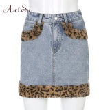 Patchwork Furry Leopard High Waist Jeans Skirts Womens Casual Fashion Pokcet Mini Skirt Harajuku Streetwear