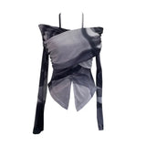 Real Shooting Sweet Cool Wind Shoulder Hanging Neck With Printed Long-Sleeved T-Shirt Under The Hem Open Fork To Collect Short Coat