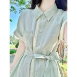 Bumpy Linen Shirt Dress Women's Summer Languid Temperament High-Sense Tie With Shirt Collar Long