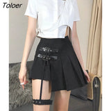 Gothic Leg Loop Patchwork Short Skirt Women Pleated Mini Skirts Streetwear Solid Black A-Line Skirts Dark Academia