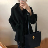 Aachoae Women Turn Down Collar Batwing Long Sleeve Wool Coats Chic Solid Single Breasted Coat Female Elegant Pockets