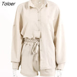 Casual Sporty Two Pieces Sets Women Solid Long Sleeve Blouse And Drawstring Biker Shorts Outfits High Street