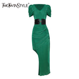 Irregular Green Patchwork Belt Gathered Waist Long Dress Female V Neck Short Sleeve Slim Dresses For Women 2021