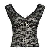 Girl V-Collar, Low-Cut, Sexy, Slim, Bare Back With Lace Solid Color Sleeveless T-Shirt Summer Style-Outfit