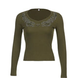 Diamonds Crop Top Black Long Sleeve Knitted T Shirt V Neck Basic Harajuku Pullovers Women Autumn Winter Tee Korean