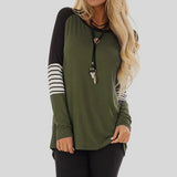 Fashion Women Summer Long Sleeve Patchwork Shirt Ladies Round Neck Loose Casual Solid Tee Shirts