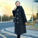 Horn Button Wool Coat Women's Middle Long Autumn And Winter Department Student Sen Department Hooded Woolen Coat