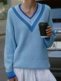 Autumn Women's Striped Knitted Sweater Oversize Thick Warm Loose Jumper Tops Vintage V Neck Ladies Pullover Sweaters
