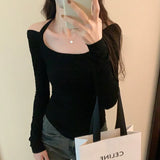 Sense Minority Hot Girls Hang Neck Pleated Long-Sleeved T-Shirt Women's Autumn New Solid Color Slim Bottom Underwear-Outfit