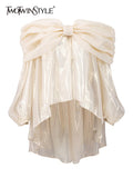 Loose Shirt For Women Slash Neck Long Sleeve Bow Collar Lantern Sleeve Solid Blouses Female Spring Clothes New