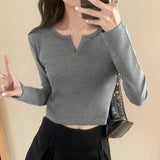 White Long-Sleeved T-Shirt For Women With Autumn And Winter Spicy Girls Short Style Slim V-Collar Bottomed Blouse-Outfit