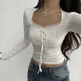Lace Pleated Chest-Shaped Slim Long-Sleeved T-Shirt 2023 New Style-Outfit