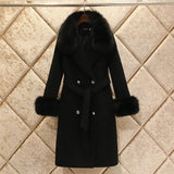 Women Woolen Coat 2019 Winter New Slim Solid Pocket Double-Breasted Big Fur Collar Thick Warm Woolen Coat Female