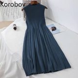 Vintage Half Turtleneck Sleeveless Women Dress Korean 2020 Spring New Arrival Solid Knitted Dresses High Waist