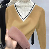 Knitted Sweater Women Pullover Patchwork Half High Collar Long Sleeve Plus Velvet Warm Sweater Female Thicken Plush