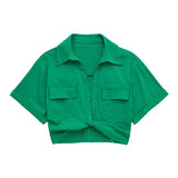 Women Safari Style Pockets Patch Knotted Linen Short Smock Blouse Lady Chic Kimono Cropped Shirt Blusas Tops-Outfit