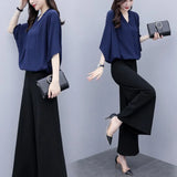 New Large-Size Women's Summer Two-Piece Sant Chiffon Broad Leg Trousers Casual Fashion Suit