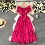Dress Women's Dress Temperament Gentle Wind The Word Shoulder Bubble Sleeves Waist Shows Thin Fairy Dress Sweet Holiday Dress-Outfit