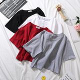 Summer Short Sleeve T Shirts Women Cotton Solid T-shirt O Neck High Waist Crop Top Tee Female Casual Loose T Shirt-Outfit