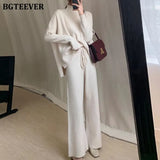 Winter 3 Pieces Sweater Set Women Half Turtleneck Vest & O-neck Pullovers & Lace-up Loose Pants 2020 Female Knitted