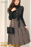 Winter Elegant Women Dress Lady Formal Knitted Stretchy Vintage Bird Lattice Belt Slim Midi Pleated Robe Femme