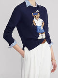 Autumn/Winter Casual Bear Embroidered Round Collar Collar Cotton Knitted Sweater For Adult Women Long-Sleeved Sweater
