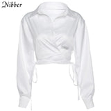 Basic preppy style solid tshirt street vogue Back Split loose female tees pure office lady lace up high quality crop