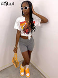 Summer Loose Graphic T Shirts Women Bandage V Neck Short Sleeve Fashion Print Tees Tops Women 2022 White Streetwear