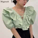 Casual Loose V Neck Sexy Blouses Women French Ruffles Women Tops Solid Lace Up Clothing Lantern Sleeve Female Shirts