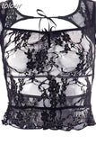 Y2k 2000s Tank Tops Womans See Through Lace Mesh Black Backless Sleeveless Cropped Shirts Coquette Aesthetic
