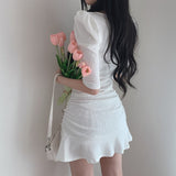 South Korea Chic Sweet Temperament Square Collar Exposed Clavicle Pits Slim Puff Sleeve Short Dress