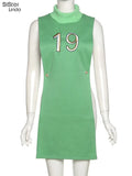 Letter Print Knit T-Shirts Women Bodycon Dress Sleeveless Turtleneck Skinny Elastic Side Split Tank Female Party Clubwear