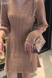 Lace-up Lantern Sleeve A-line Knitted Dress Temperament V-Neck Twist Pattern Knit Sweater Dress Women Autumn Winter