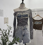 Real Shooting Spice Girls Letter Sticker Leopard Long-Sleeved T-Shirt 2024 Autumn New Thin Short Top