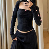 Desire Atmosphere Feeling Girl Little Sexy Bow Splicing Slim Chest Ultra-Short Blouse Two-Piece Set 2024 New Style-Outfit