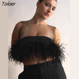 Patchwork Feather Diamond Sparkling Women Top Black Sexy See Through Fishnet Top Female Spring Skinny Elegant