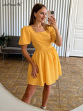 Crepe Elegant Woman Party Dresses Puff Sleeve A-Line Short Dress Spring Chic Ruched Dress High Waisted Dresses