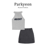 Girl Grey Letters Hanging Neck Suspension Vests Loose Sun T-Shirt Packed Three-Piece