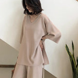Female Sweater Pantsuit For Women Two Piece Set Pullover V-Neck Long Sleeve Bandage Top Wide Leg Pants