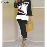 Print Women's Sets Casual Suit Spring Summer Long Sleeve Loose Top Slim Pencil Pants 2 Pieces Set 2023 Lady Outfits