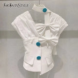White Patchwork Casual Shirt For Women Halter Puff Short Sleeve Single Breasted Blouses Female Summer Clothing