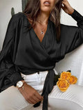 Celmia Women Satin Blouses Elegant Long Bat Sleeve Cross V Neck Bandage Waisted Tops Autumn Fashion Haut Style Wrap