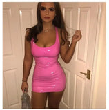 Latex Nightclub Dresses Bodycon Package Hip Summer Sexy PU Patent Leather Sheath Tank Dress Women Short Mini Low Cut Slim-Outfit