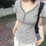BM Style Babes V-Neck T-Shirt Women's Striped Three-Spring Short-Sleeved Slimmed Thread New